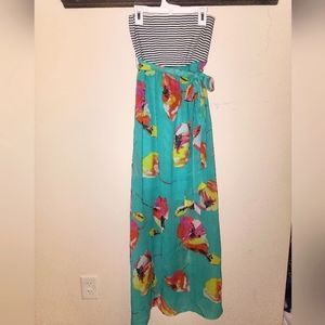 Floral and Striped Teal Pink Maxi Tube Top Dress Size Small